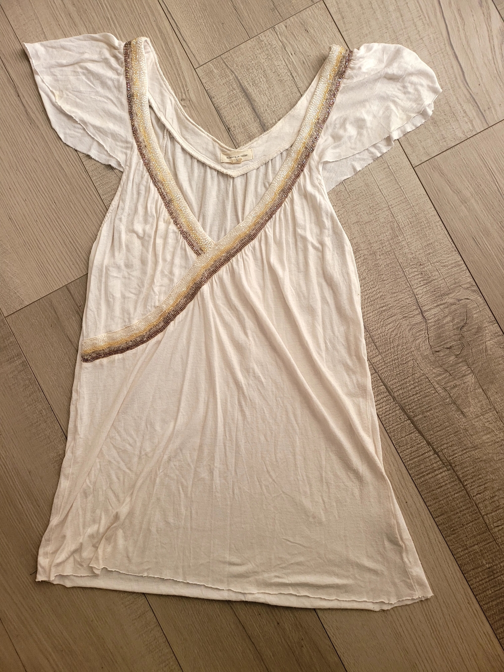 White V‑Neck Flutter Sleeve Top with Metallic Trim